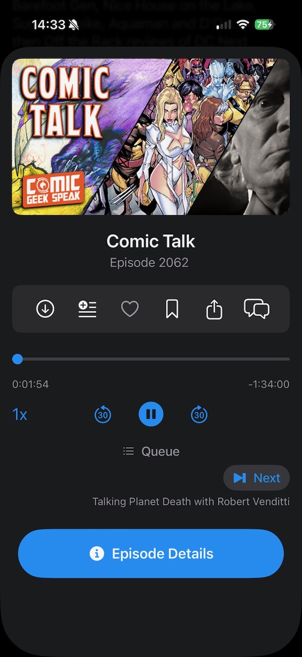CGS app full-screen player with episode artwork and controls